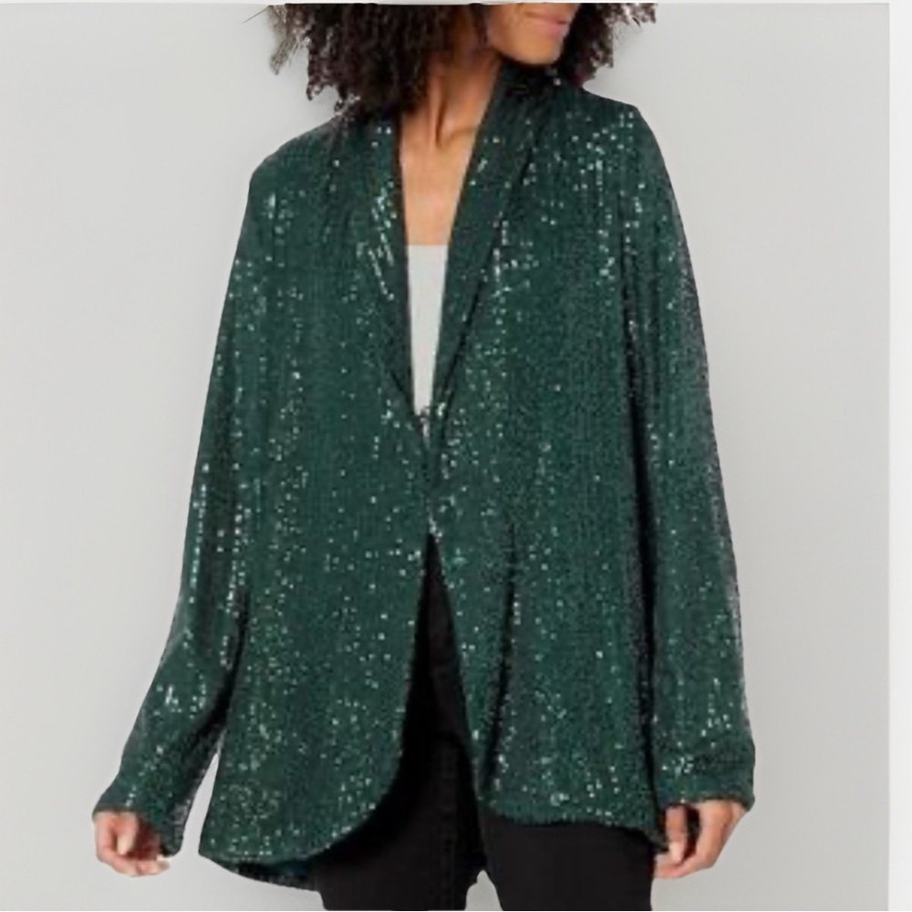 Show Me Your Mumu Dance Blazer Emerald Green Sequins Cardigan M NWT